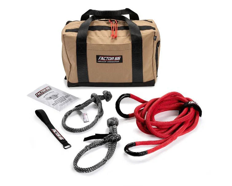 Factor 55 00492 St. Anthony powersports kinetic recovery kit with 5/8-inch x20-foot Red rope, two soft shackles and Medium tan bag