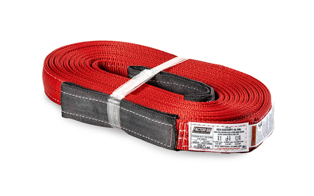 The Standard Duty Tow Strap features a low stretch 100% polyester material. Individually serialized for material lot traceability as well as properly labeled for different load configurations.