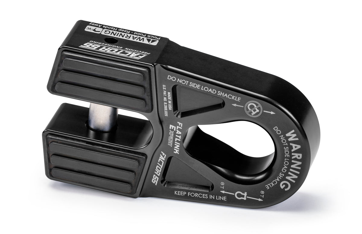 The FlatLink E folding shackle mount for recovery winches that eliminates the conventional winch hook and provides a versatile shackle mounting opening