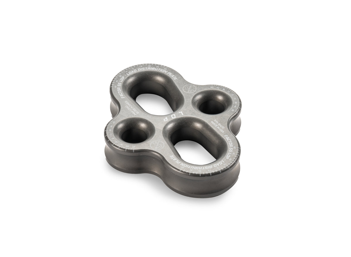 The Load Distribution Plate, LDP is a rigging plate designed for distribution of multiple loads and directions. Self-aligning shackle pin holes fit common ? shackles. Pear shaped holes permit ? and 7/8 shackle bodies to pass through.