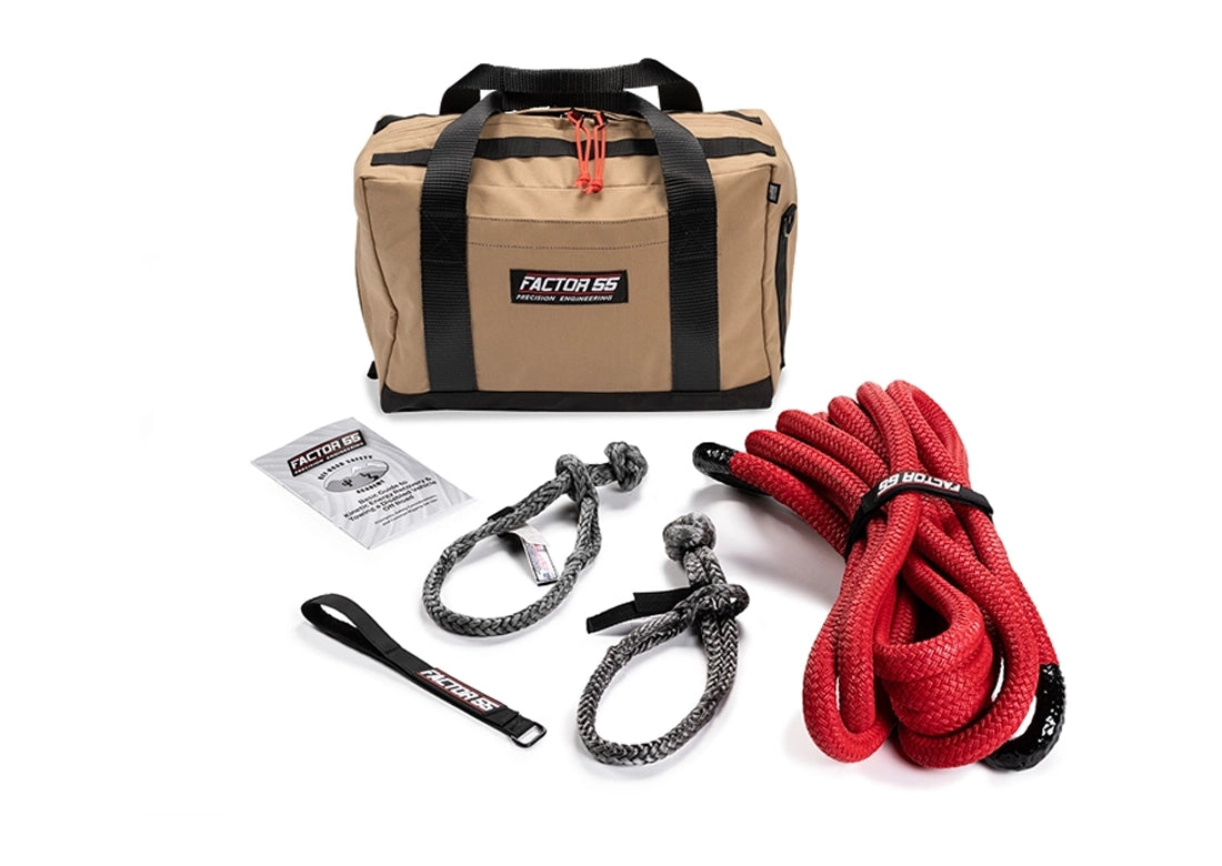 Factor 55 00490 Baja kinetic recovery kit with 7/8-inch x30-foot Red rope, two soft shackles and Medium tan bag