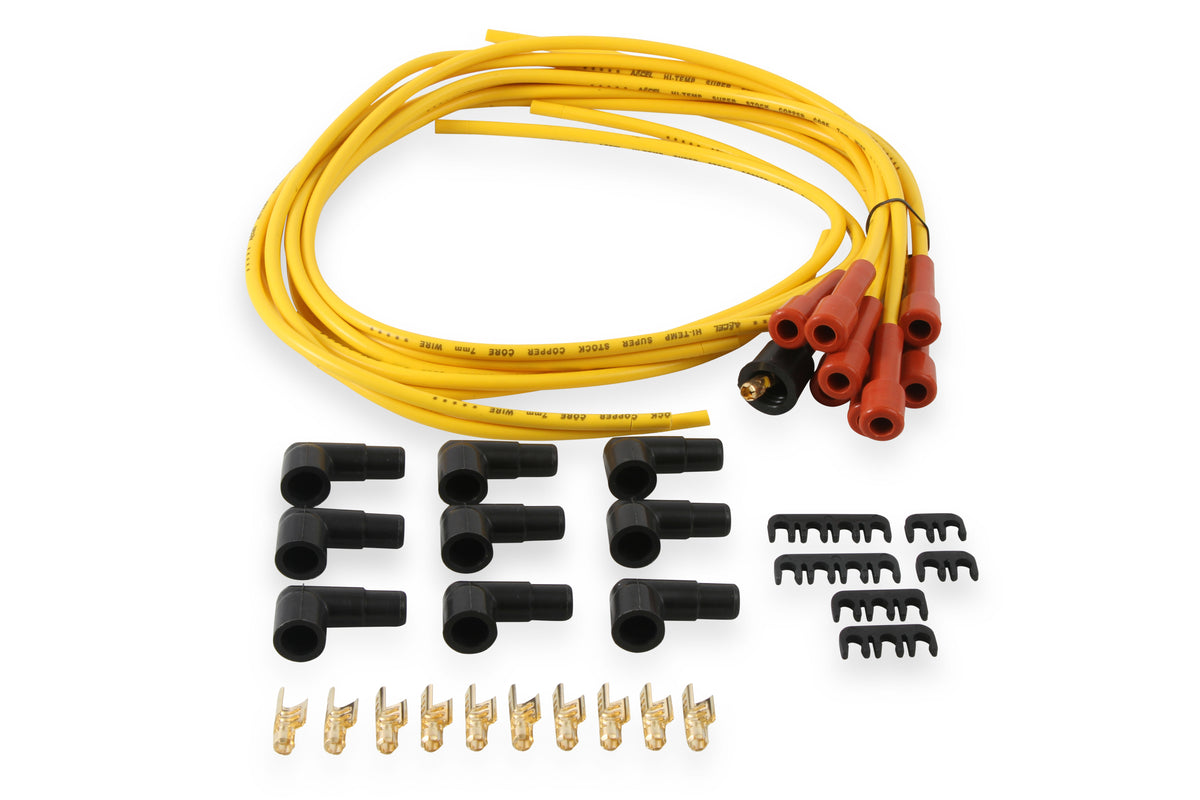 Spark Plug Wire Set- 7mm-Super Stock-Copper Core-Universal Straight Boots-Yellow - 3008 universal fit super stock spark plug wire sets have a spiral core with yellow silicon coating and are 7mm.