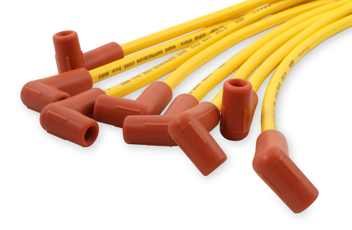 Spark Plug Wire Set - 8mm - Yellow with Orange 90 Deg Boots - 4041 8mm universal fit super stock spark plug wires feature a spiral core and yellow silicone jacket.
