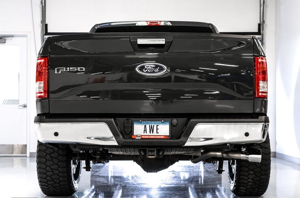 AWE 0FG Single Exit Exhaust for '15-'20 F-150 - 4.5" Chrome Silver Tips