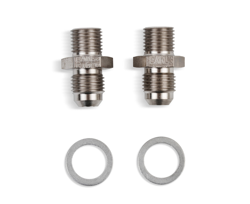 Earls Transmission Adapters, Package of 2 pieces w/ Crush Washers, Fits Most GM TH350, TH400, 700R4, 200R4, 4L60E, and Ford AODE Transmissions, Nickel Plated Steel