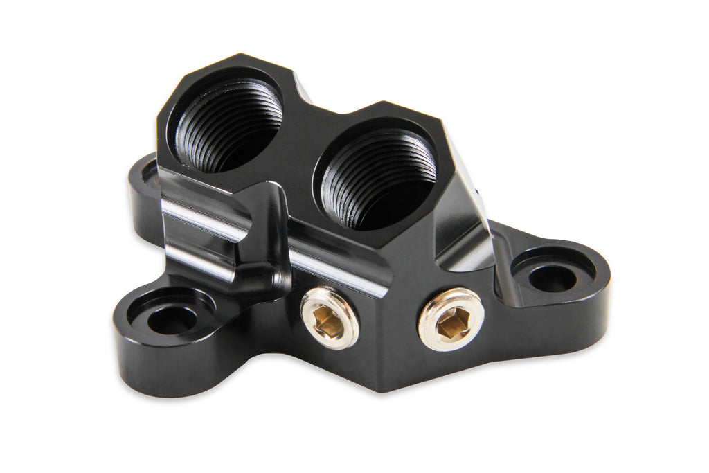 Earls Oil Filter Adapter for 2011-'14 Ford 5.0L Coyote Engine, Black Anodized, 10 AN O-Ring Ports