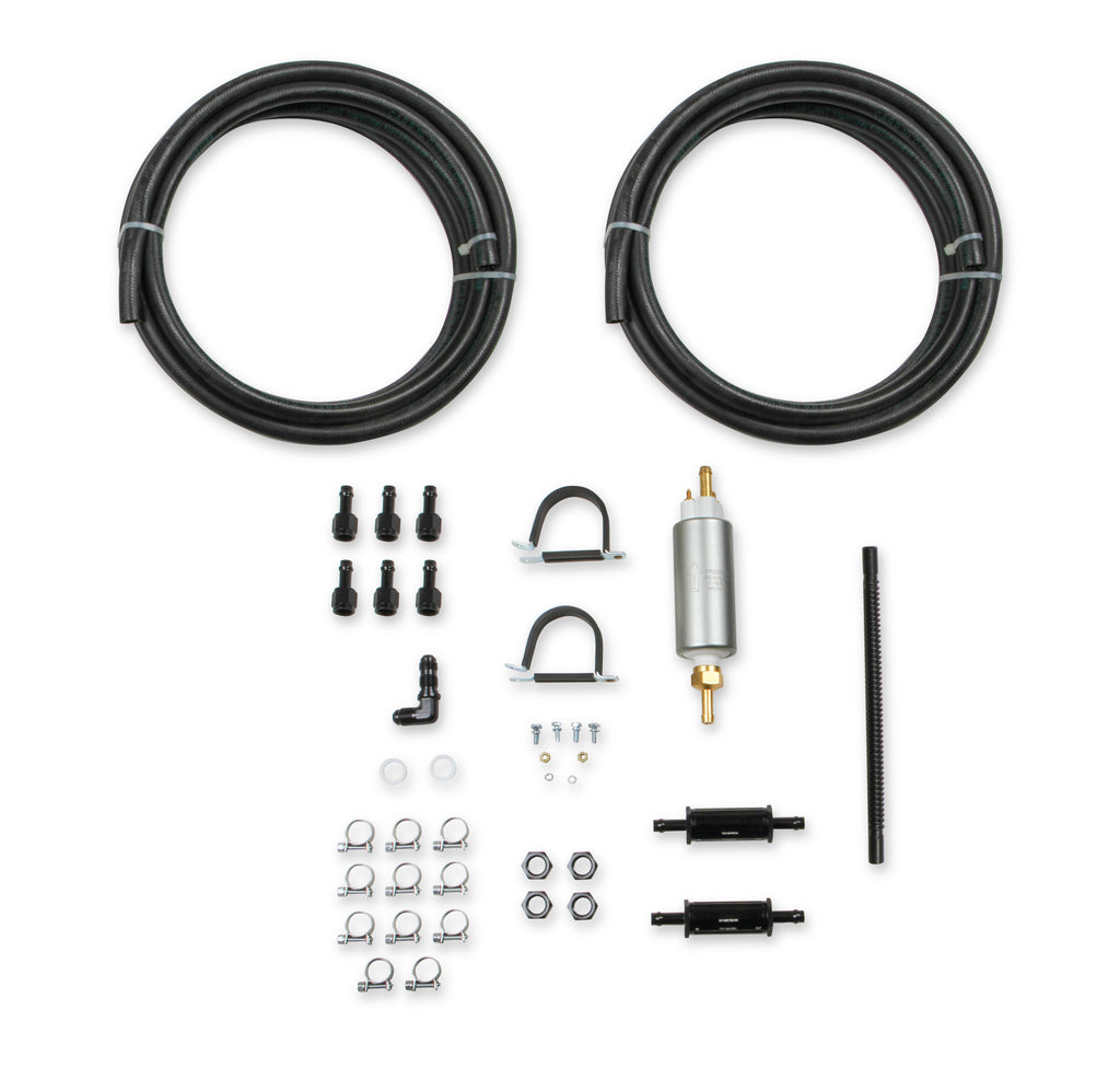 Fuel System Plumbing Kit w/ 40' of 3/8" Vapor Guard™ Fuel Hose, Electric Fuel Pump, Billet Fuel Filters, Bulkhead Fuel Fitting for Return Line to Tank, and Hardware.