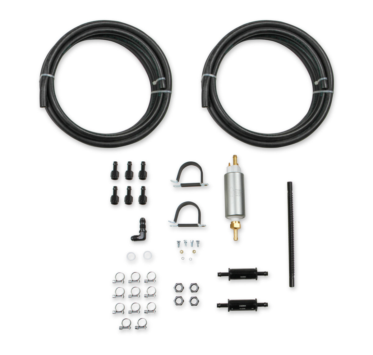 Fuel System Plumbing Kit w/ 40' of 3/8" Vapor Guard™ Fuel Hose, Electric Fuel Pump, Billet Fuel Filters, Bulkhead Fuel Fitting for Return Line to Tank, and Hardware.