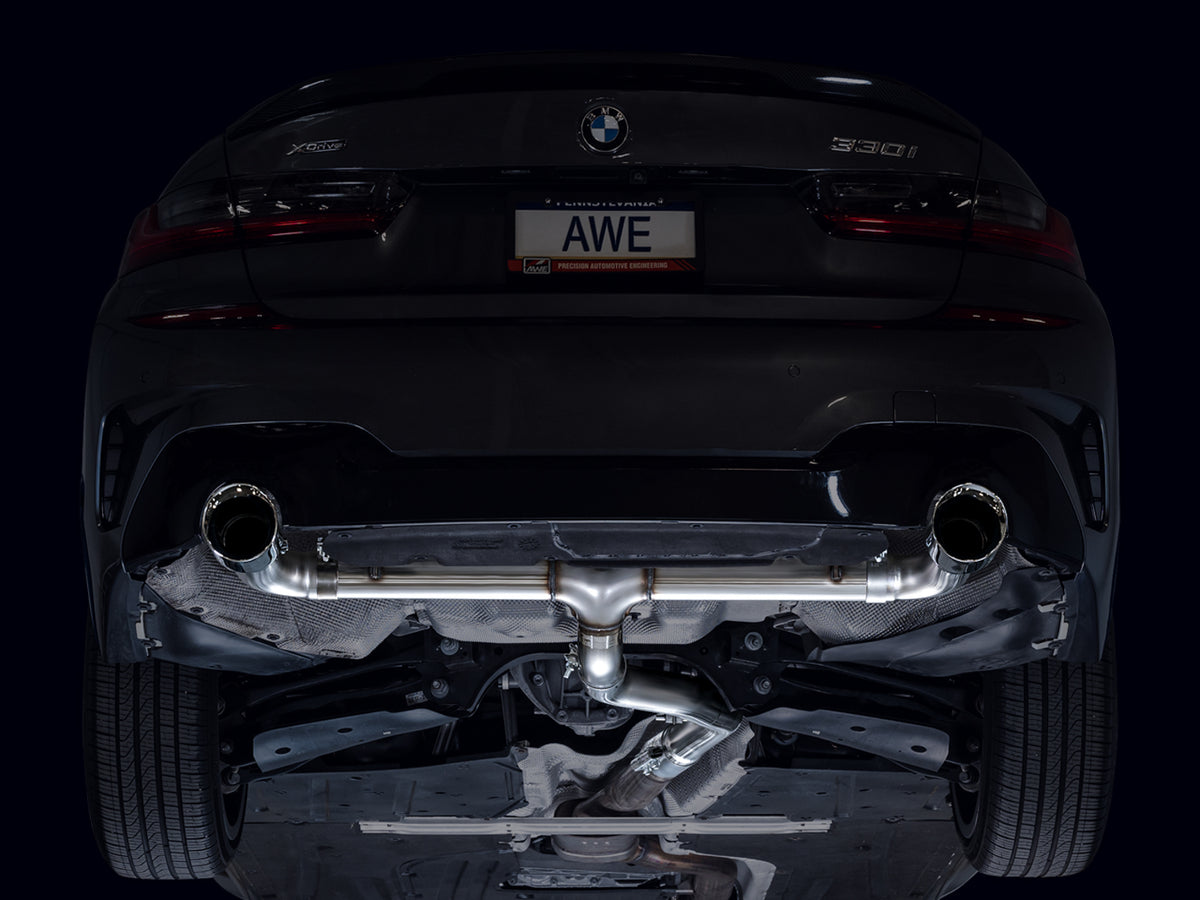 AWE Track Edition Axleback Exhaust for BMW G2X 330i/430i - 4.5” Chrome Silver Tips