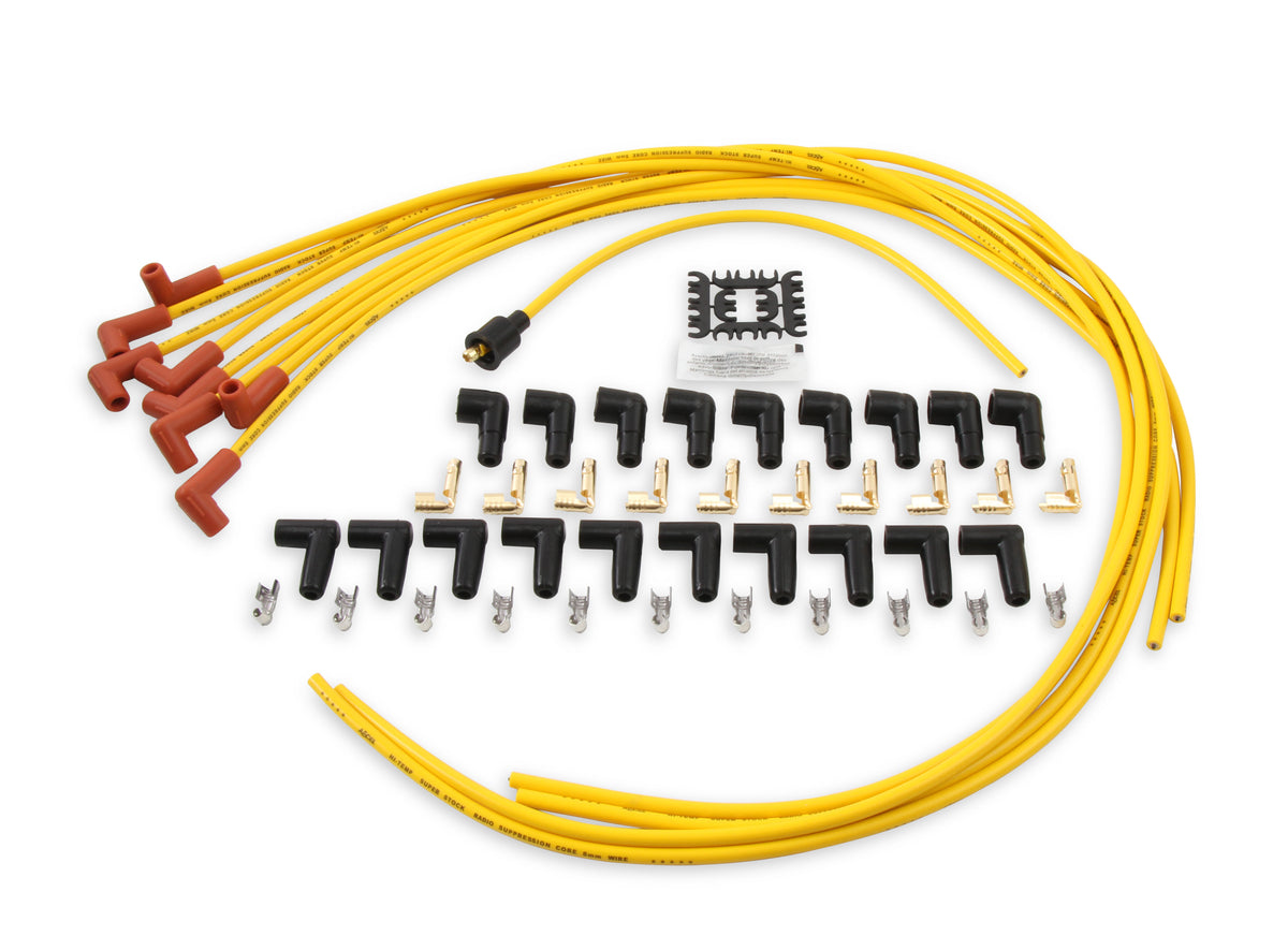 Spark Plug Wire Set - 8mm - Yellow with Orange 90 Deg Boots - 4041 8mm universal fit super stock spark plug wires feature a spiral core and yellow silicone jacket.