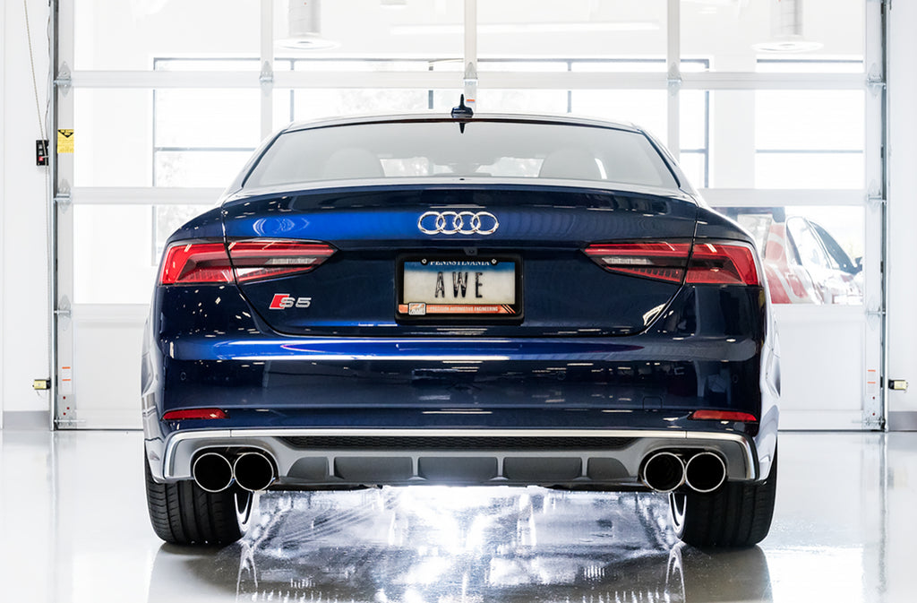 AWE Touring Edition Exhaust for Audi B9 S5 Coupe - Resonated - 4" Chrome Silver Tips