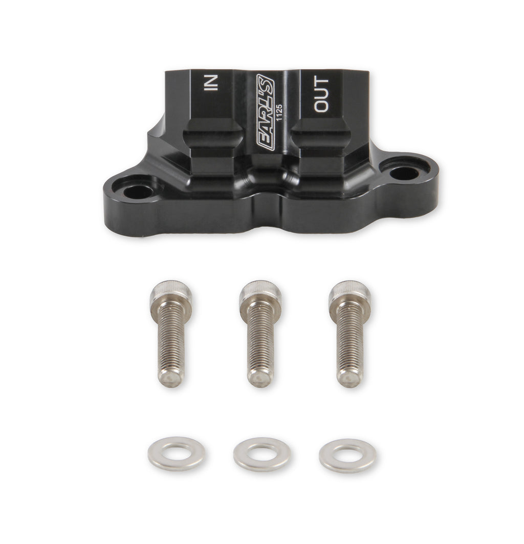 Earls Oil Filter Adapter for 2011-'14 Ford 5.0L Coyote Engine, Black Anodized, 10 AN O-Ring Ports