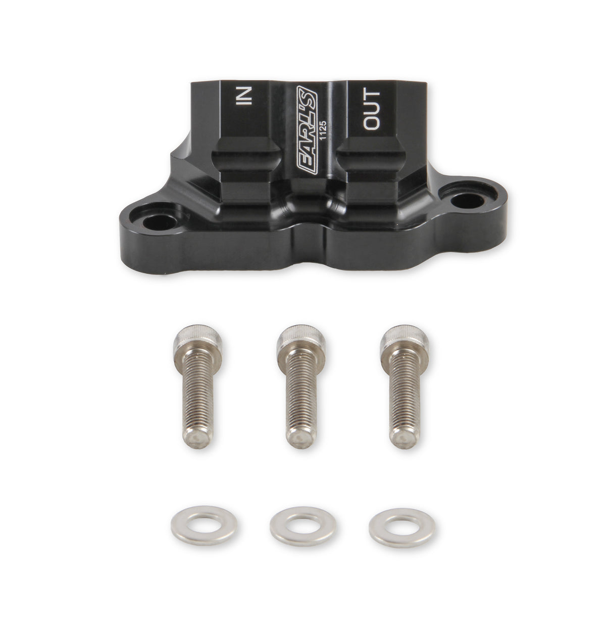 Earls Oil Filter Adapter for 2011-'14 Ford 5.0L Coyote Engine, Black Anodized, 10 AN O-Ring Ports