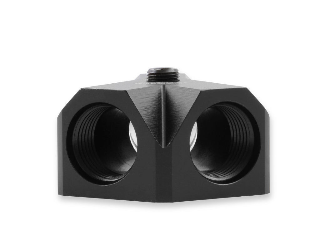 Fuel Distribution Block - Inlet 1/2" NPT and two 1/2" NPT Outlets. Black Anodized Aluminum.  1/8" NPT Gauge Port.