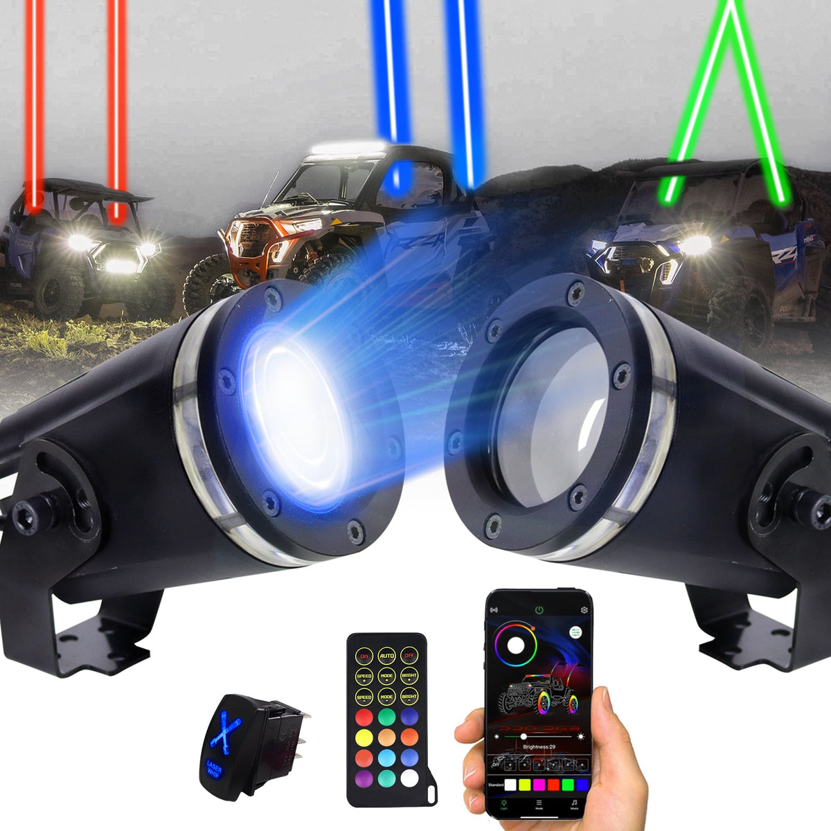 2PCS RGBW Whipless LED Whip Lights for SXS UTV ATV Can-Am | Remote APP Rocker Switch