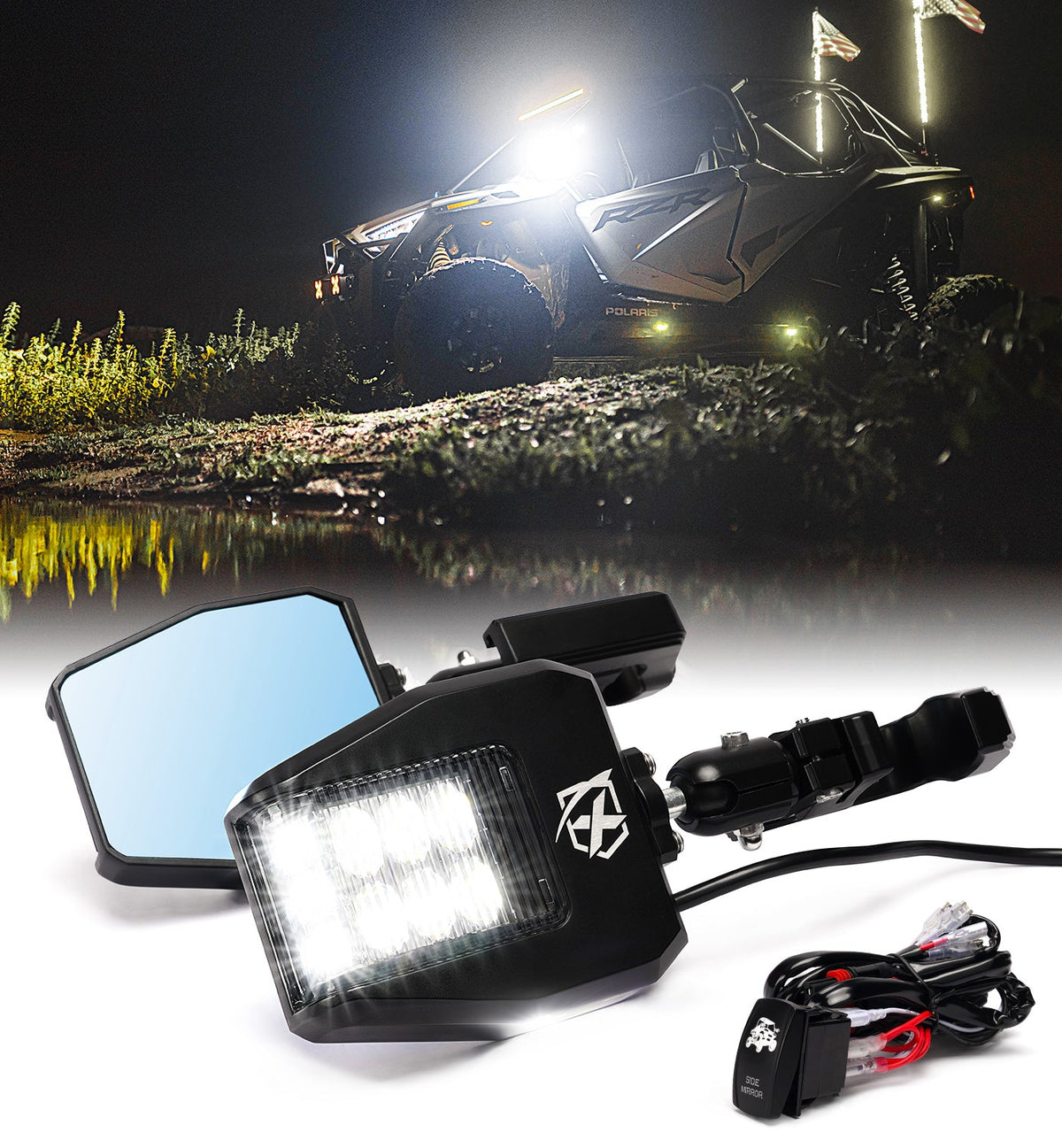 UTV Side Mirrors with LED Spotlights & Puddle Lights