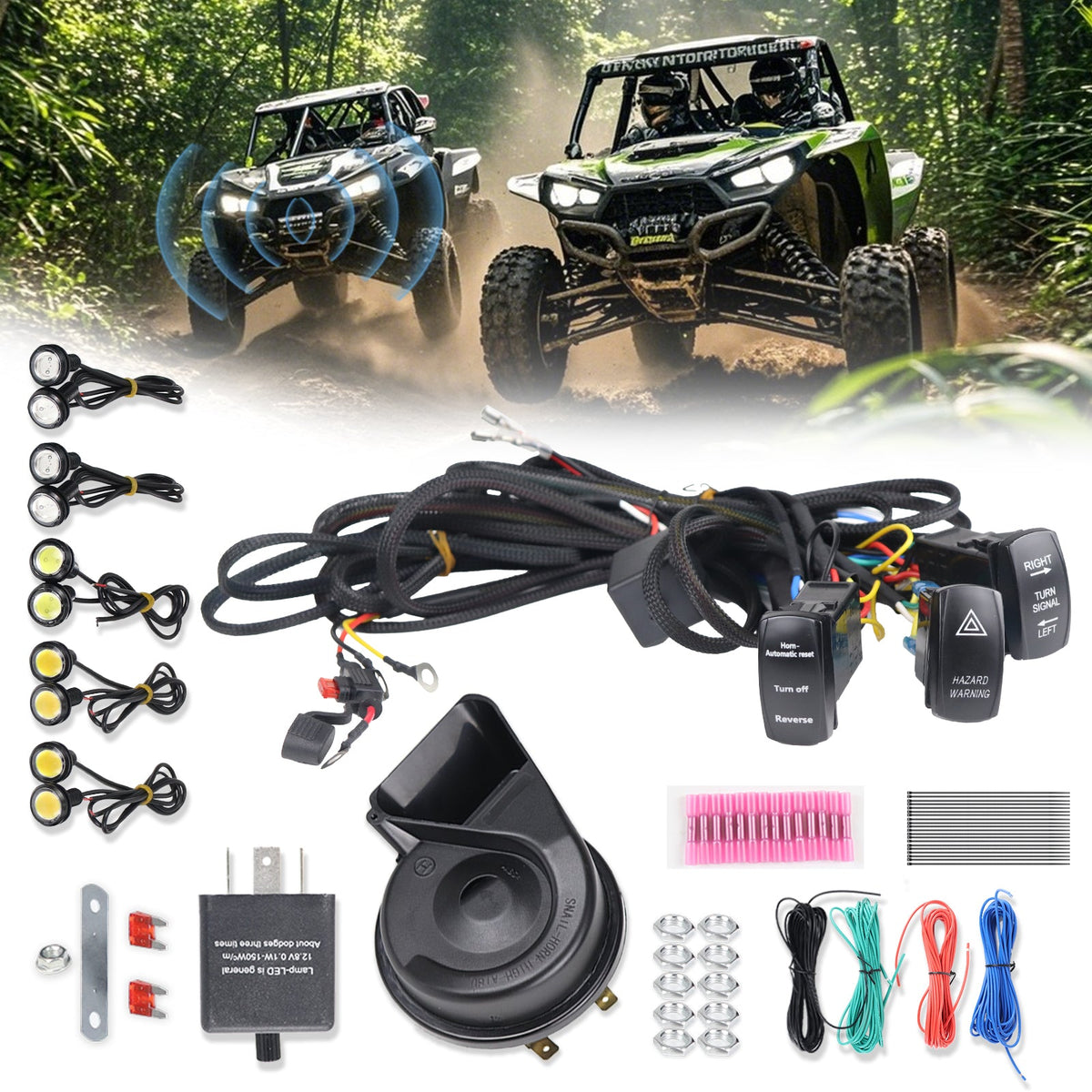 UTV ATV Street Legal Turn Signal Kit with Horn Pre-Wired Plug and Play Compatible Polaris RZR Ranger Can-Am Maverick X3