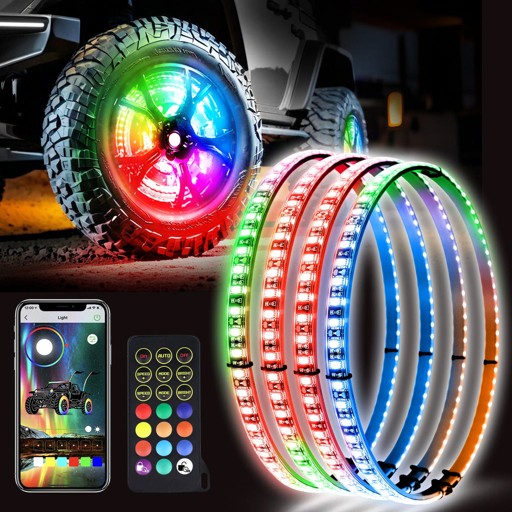 Single Row RGB LED Wheel Ring Lights for Trucks Pickups Cars Offroad | 178+DIY Dynamic Modes w/Turn Signal Braking and Reverse Function