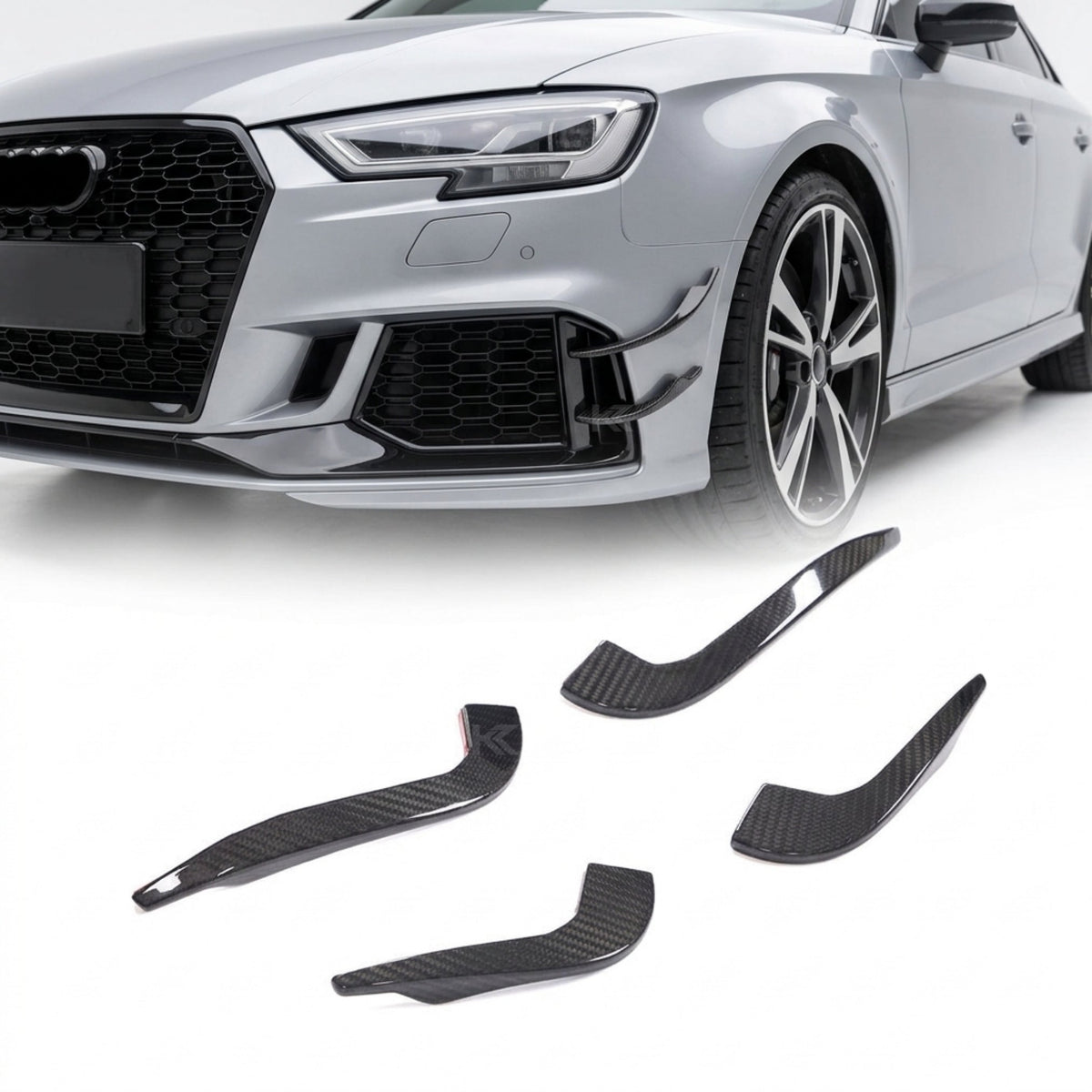 2017–2019 Audi RS3 8V Sedan Front Bumper Fins – Carbon Fiber