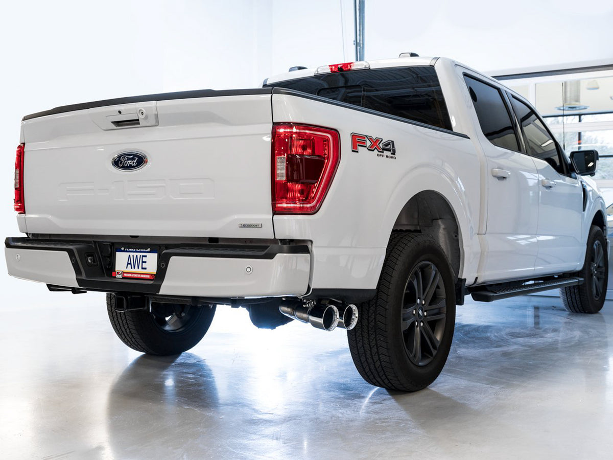 AWE 0FG Dual Side Exit Exhaust for '21+ Ford F-150 - 4.5" Chrome Silver Tips
