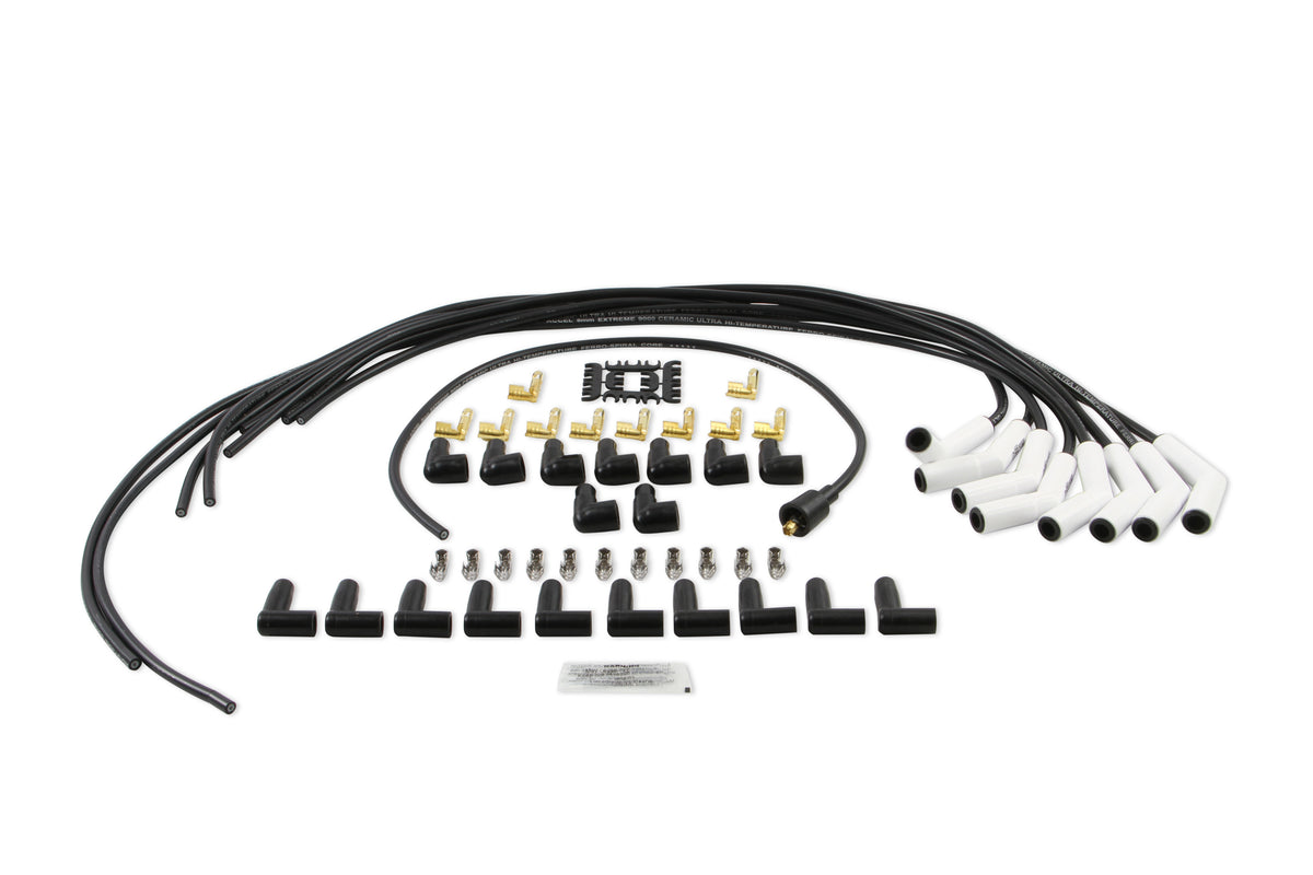 Spark Plug Wire Set - Universal - 135 Deg White Ceramic Boots - 9002C, Spark Plug Wires, Pro Fit Ceramic, Spiral Core, 8mm, Black, Set