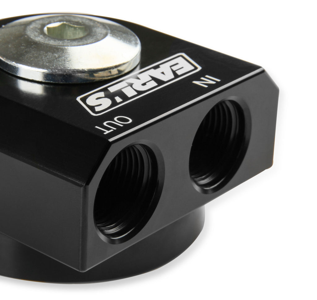 Earls Remote Oil Filter Adapter - 90 Degree Ports, Billet Aluminum w/ Hardware, Fits Oil Filters w/ 3/4"-16 threads & w/ 2-3/4" Diameter Gasket , Use w/ -10 AN O-Ring Port Adapters.