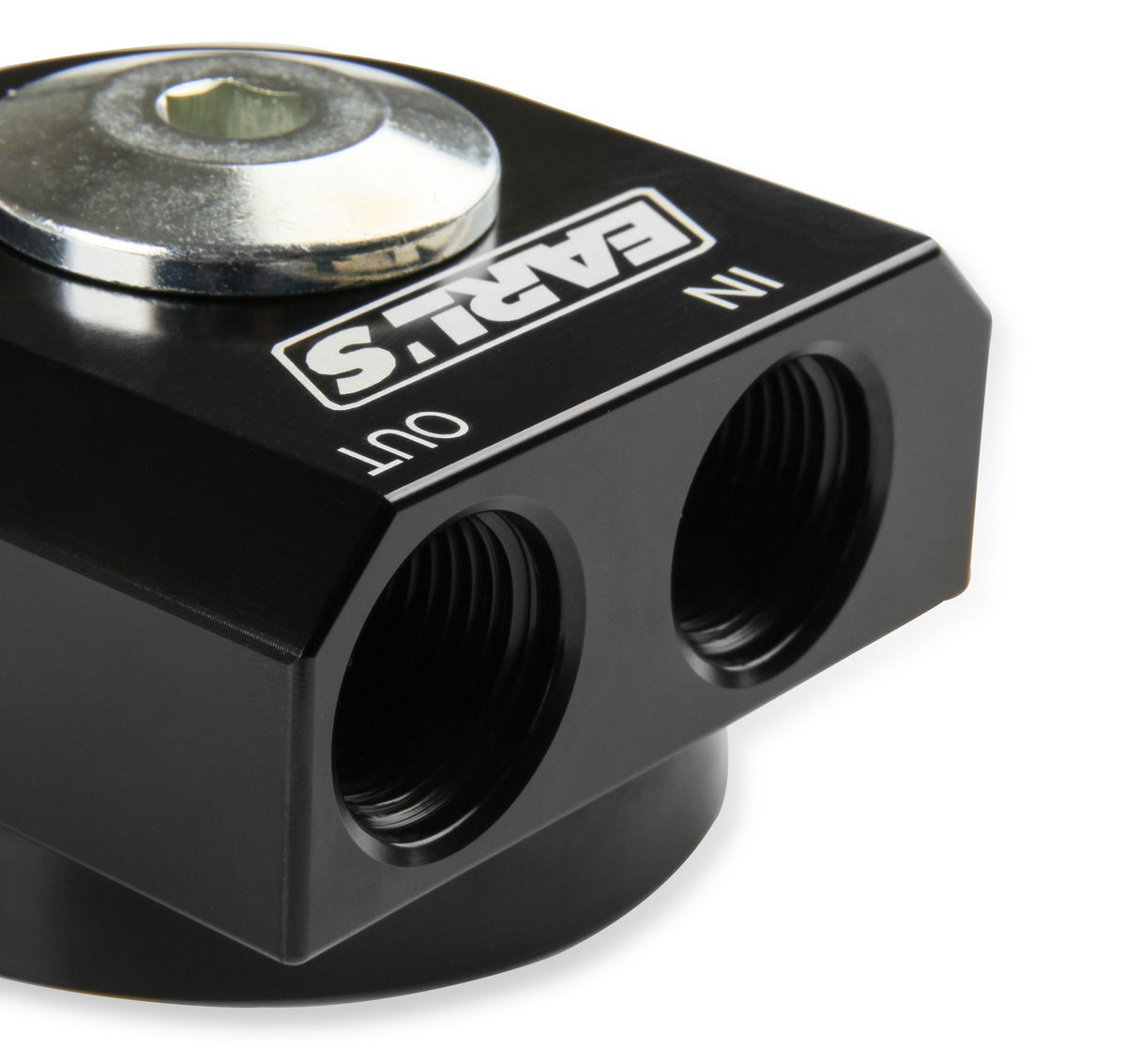 Earls Remote Oil Filter Adapter - 90 Degree Ports, Billet Aluminum w/ Hardware, Fits Oil Filters w/ 3/4"-16 threads & w/ 2-3/4" Diameter Gasket , Use w/ -10 AN O-Ring Port Adapters.