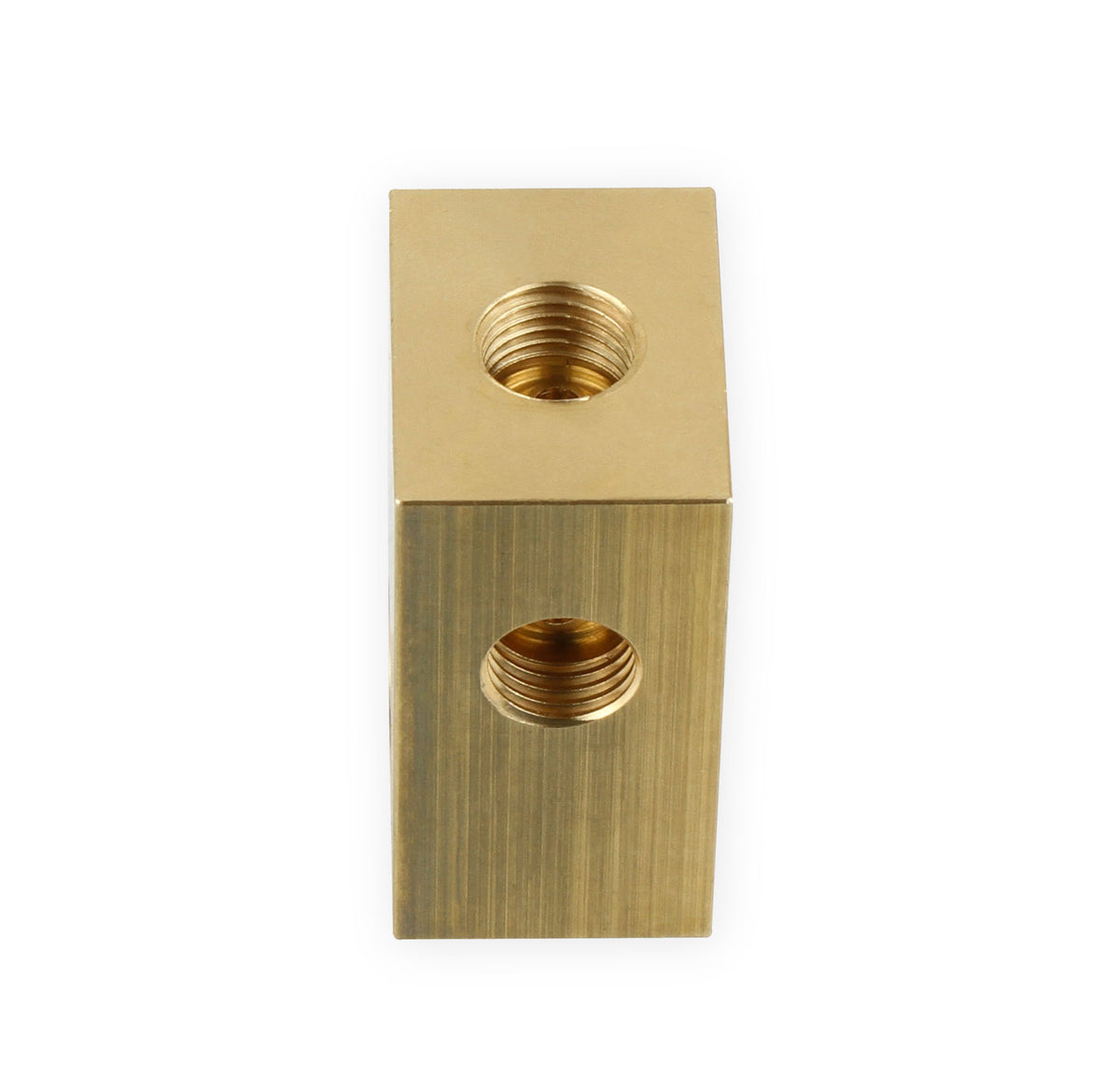 Brake Adapter Tee with (3) 3/8"-24 Inverted Flare Female Ports, and (1) 1/8" NPT Port, 7/16" Mounting Hole, 1 Per Package, Brass Construction.