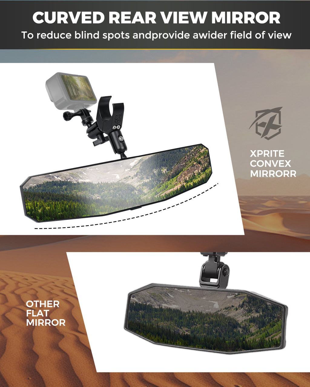 UTV Rear View Mirror with Interior Lights and an Additional GoPro Mount