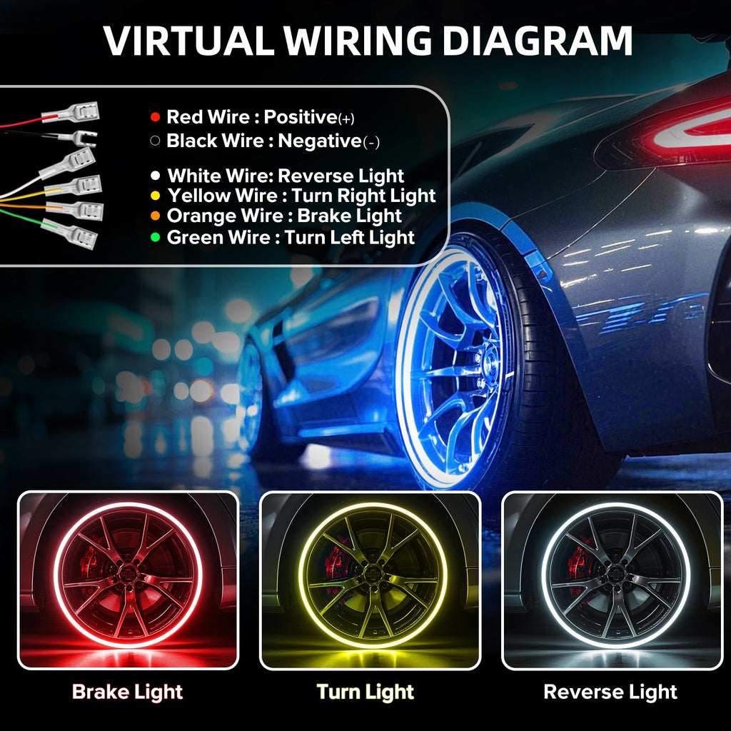 Single Row RGB LED Wheel Ring Lights for Trucks Pickups Cars Offroad | 178+DIY Dynamic Modes w/Turn Signal Braking and Reverse Function