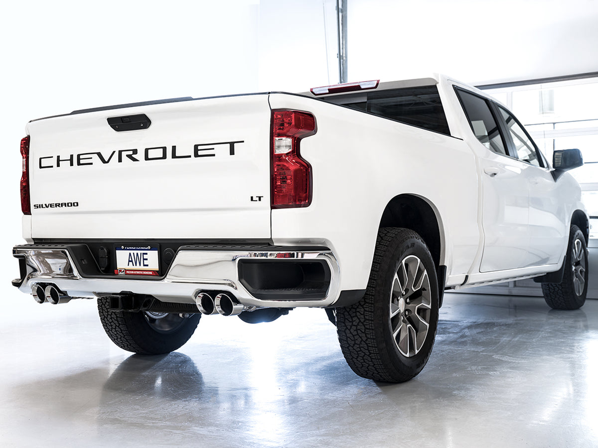 AWE 0FG Catback Exhaust for 4th Gen Silverado/Sierra 1500 6.2L (with bumper cutouts) - 4" Chrome Silver Tips