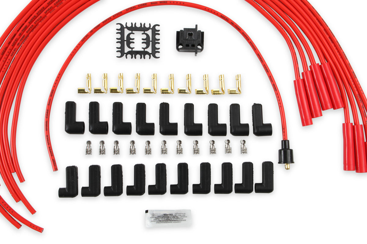 Spark Plug Wire Set - 8mm - Universal - Red Wire with Red Straight Boots - 5040R 8mm super stock universal fit spark plug wires feature a spiral core and red silicone jacket.