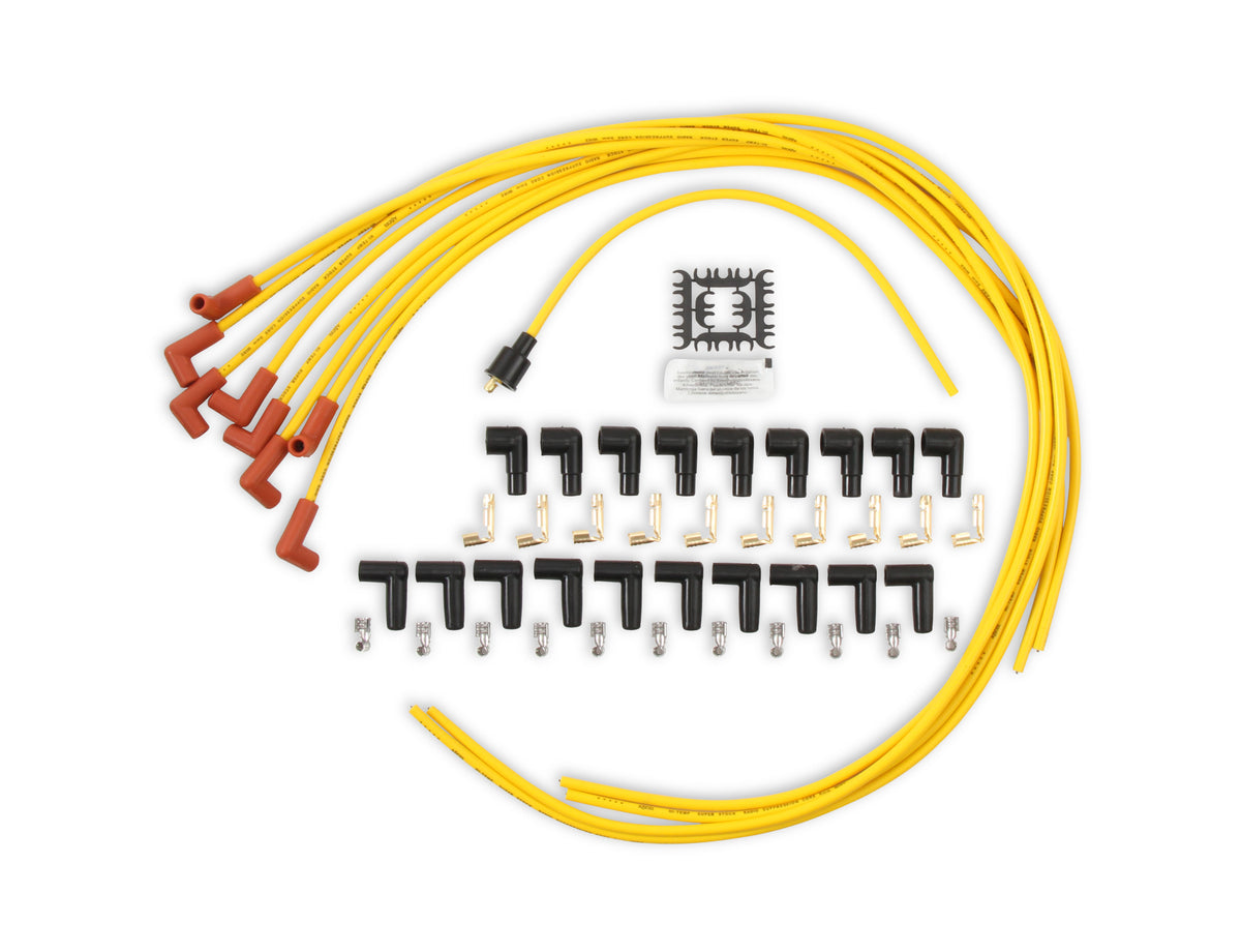 Spark Plug Wire Set - 8mm - Yellow with Orange 90 Deg Boots - 4041 8mm universal fit super stock spark plug wires feature a spiral core and yellow silicone jacket.