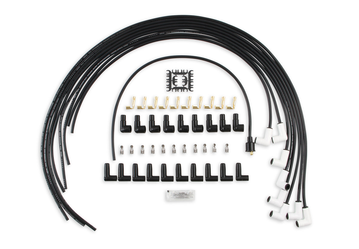 Spark Plug Wire Set - Universal - 90 Deg White Ceramic Boots - 9001C, Spark Plug Wires, Pro Fit Ceramic, Spiral Core, 8mm, Black, Set
