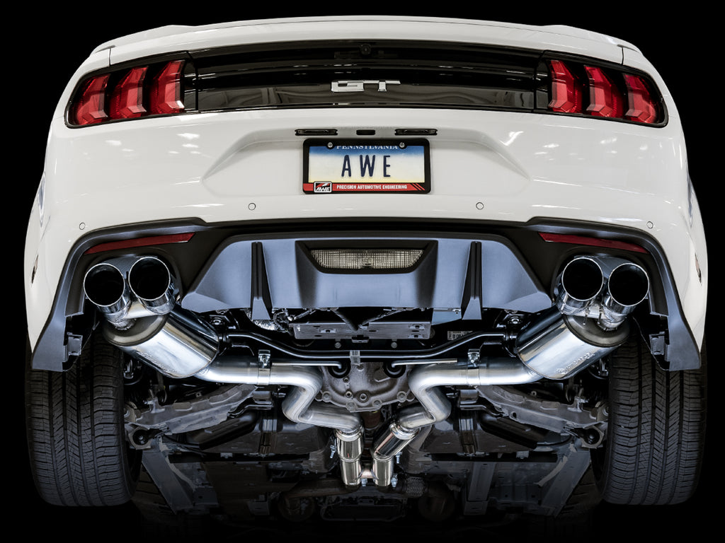 AWE Touring Edition Cat-back Exhaust for the '18-'23 S550 Mustang GT - Quad Chrome Silver Tips