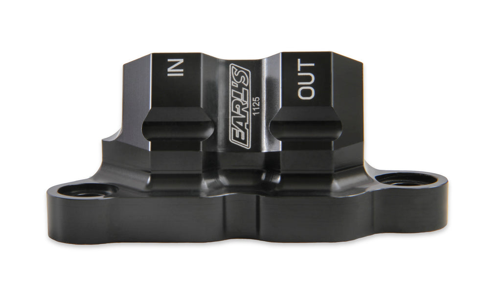 Earls Oil Filter Adapter for 2011-'14 Ford 5.0L Coyote Engine, Black Anodized, 10 AN O-Ring Ports