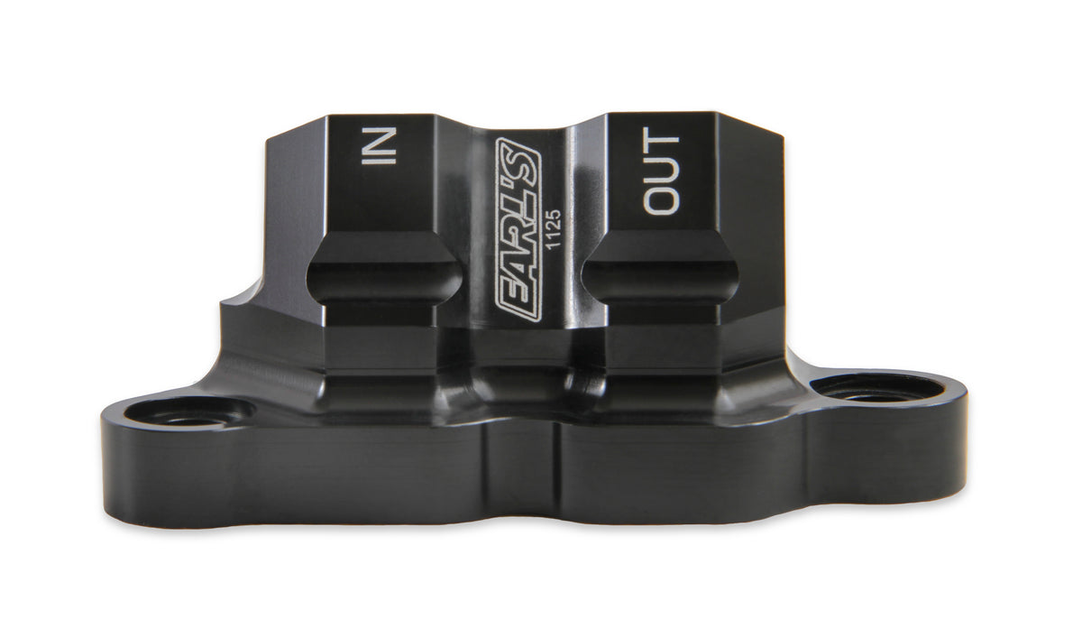 Earls Oil Filter Adapter for 2011-'14 Ford 5.0L Coyote Engine, Black Anodized, 10 AN O-Ring Ports