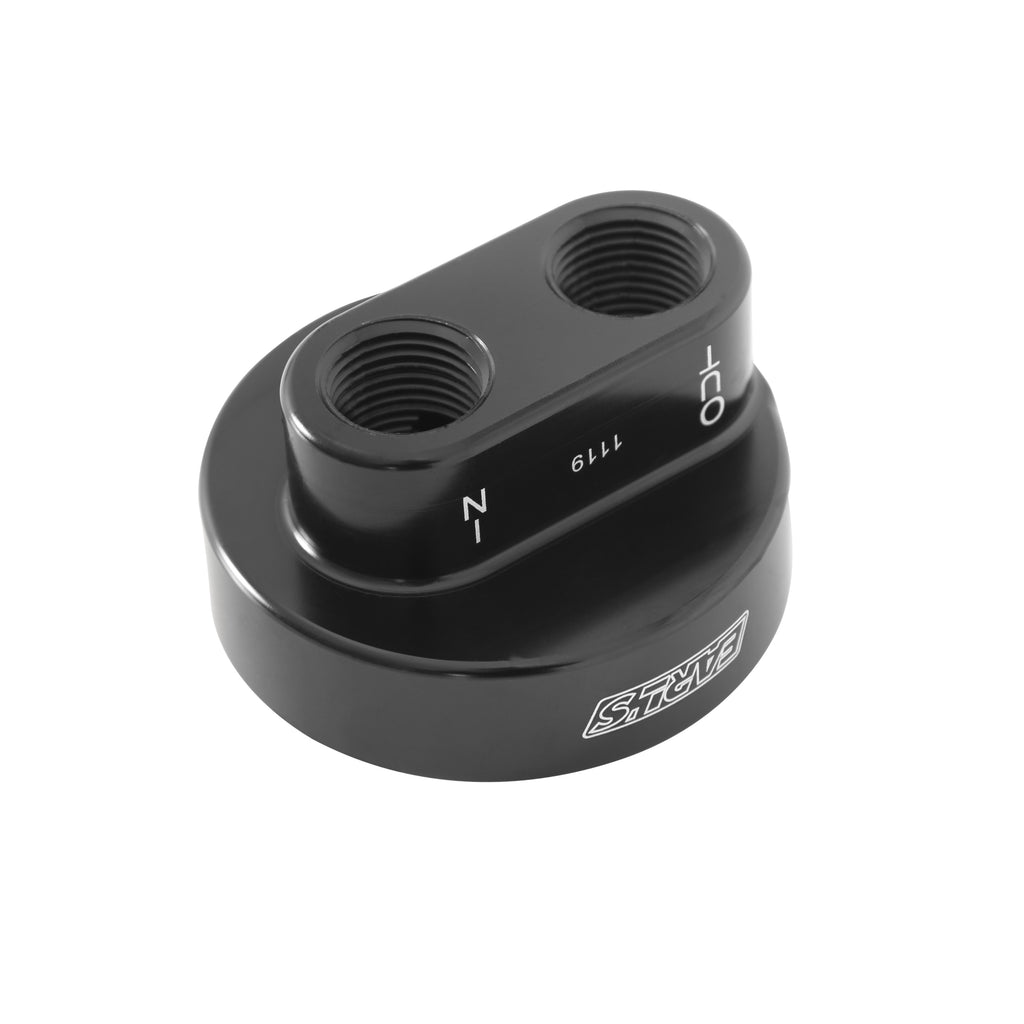 Oil Filter By-Pass Adapter 20 x 1.5 mm. Thread Size with 1/2" NPT Ports Female Billet. Subaru, Holden with spin-on filter.