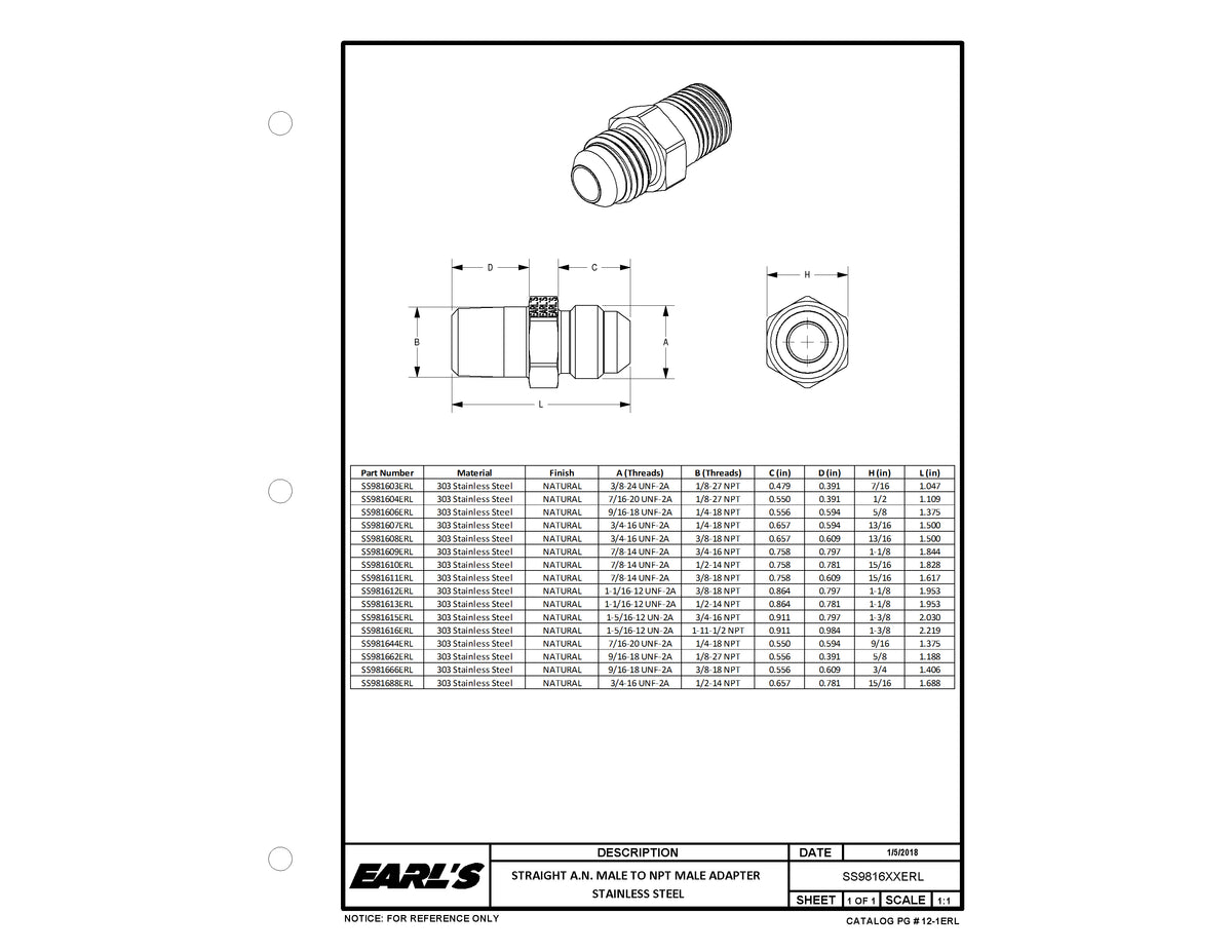 Straight AN -4 Male to 1/4" NPT Male Adapter - Stainless Steel.