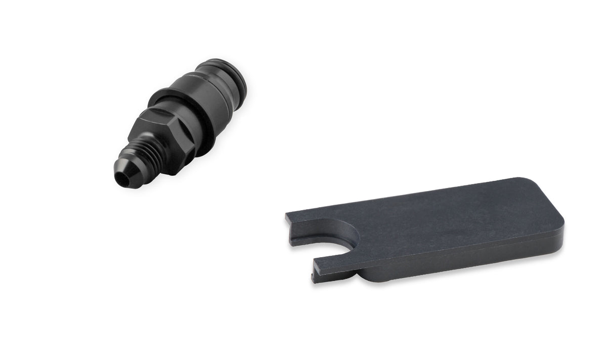 Clutch Adapter Fitting, -4 AN Male to Quick Connect, Fits Late Model T56 Hydraulic Clutch Release Bearing, Aluminum w/ Black Anodized Finish.  Includes Release Tool.
