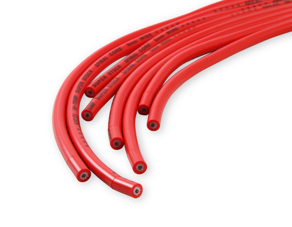 Spark Plug Wire Set - 8mm - Universal - Red Wire with Red Straight Boots - 5040R 8mm super stock universal fit spark plug wires feature a spiral core and red silicone jacket.