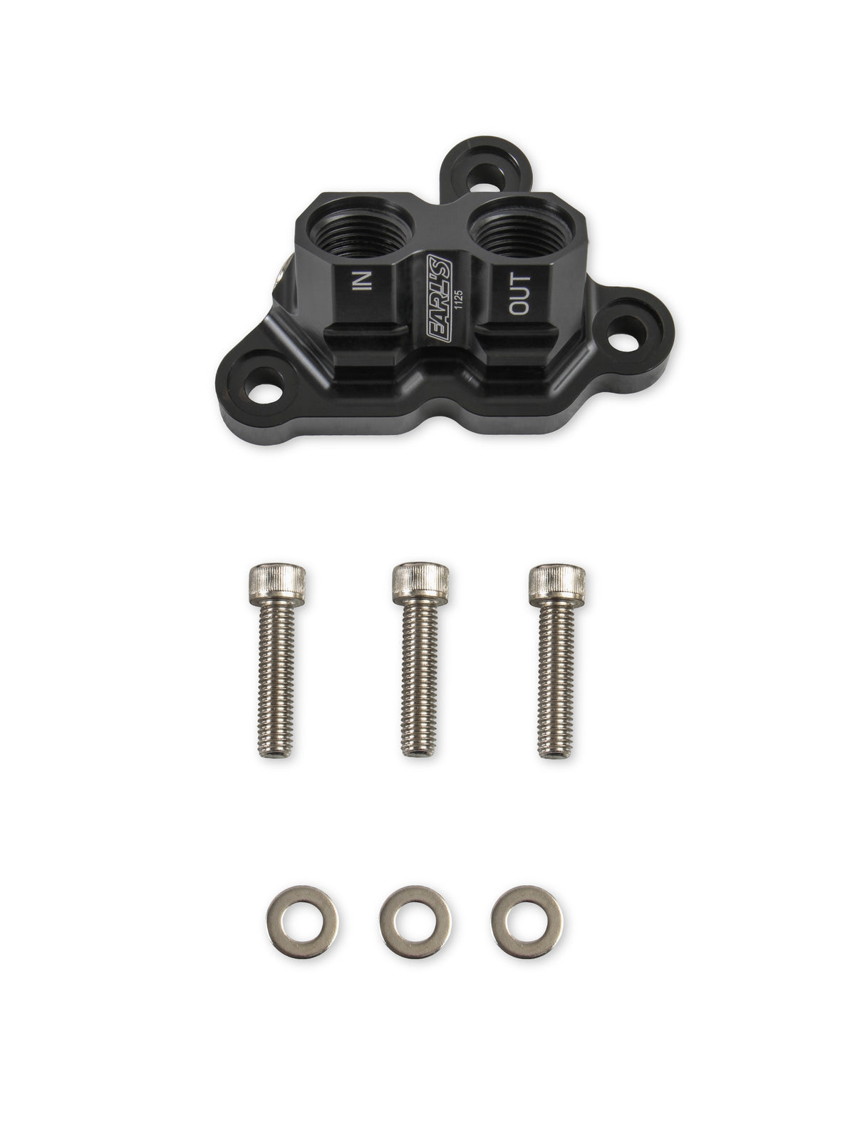 Earls Oil Filter Adapter for 2011-'14 Ford 5.0L Coyote Engine, Black Anodized, 10 AN O-Ring Ports