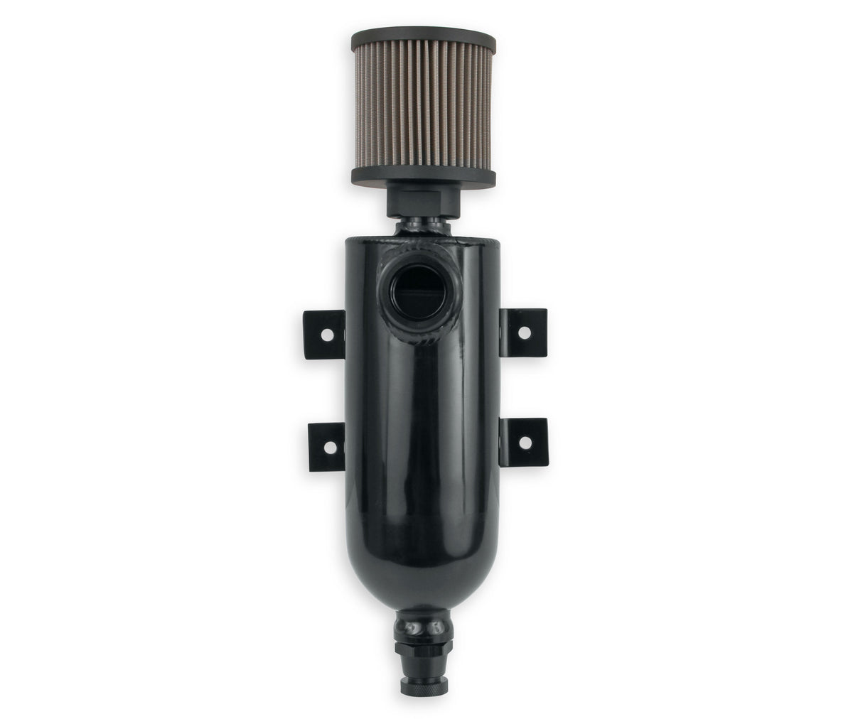 Black w/ Billet Filter, Drain Valve, -12 AN O-Ring Port (Inlet) & Mounting Brackets. 1/8" NPT on Drain Valve for Optional Remote Outlet Hose