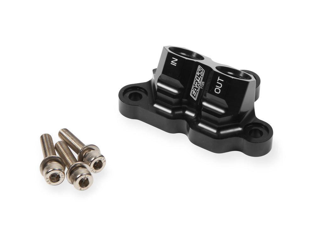 Earls Oil Filter Adapter for 2011-'14 Ford 5.0L Coyote Engine, Black Anodized, 10 AN O-Ring Ports