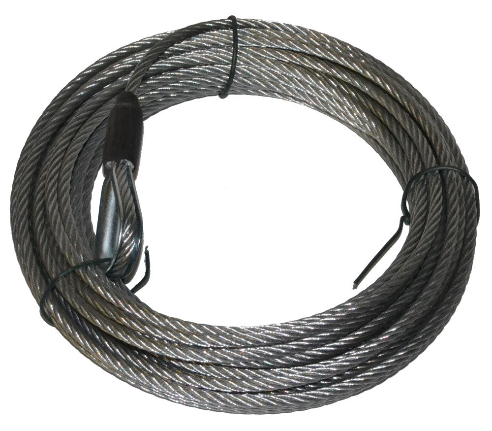 For Warn 1700 DC Winch; 3/16 Inch Diameter x 35 Foot Length; Galvanized Aircraft Wire; Loop on One End and Wire Rope Terminal on Other End