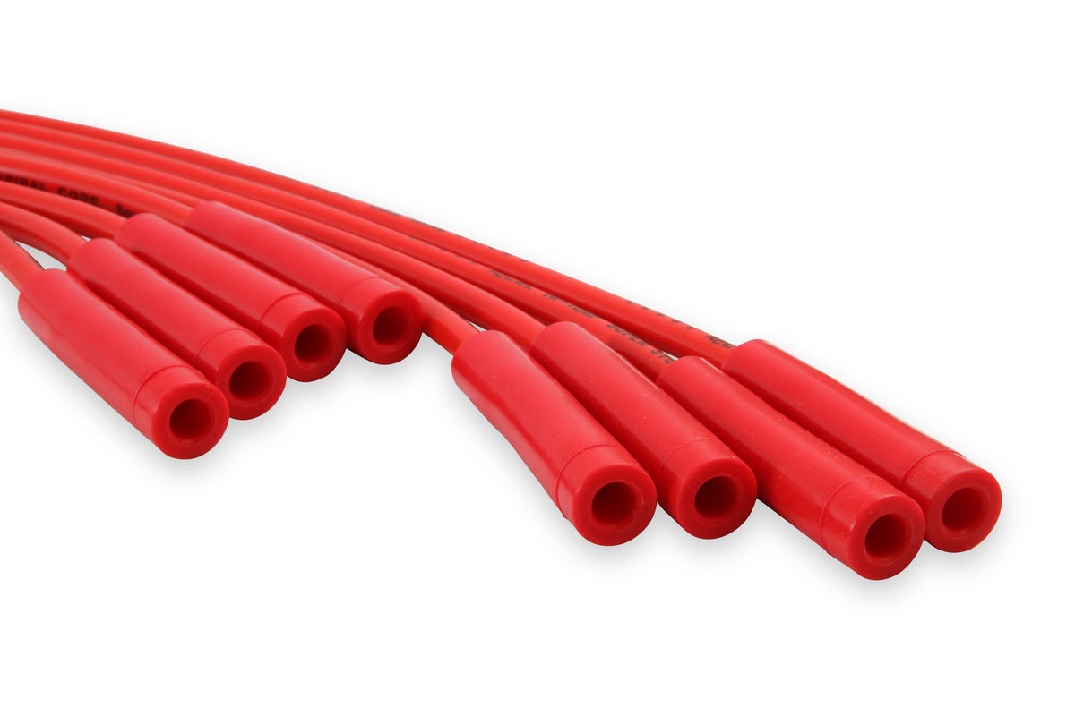 Spark Plug Wire Set - 8mm - Universal - Red Wire with Red Straight Boots - 5040R 8mm super stock universal fit spark plug wires feature a spiral core and red silicone jacket.