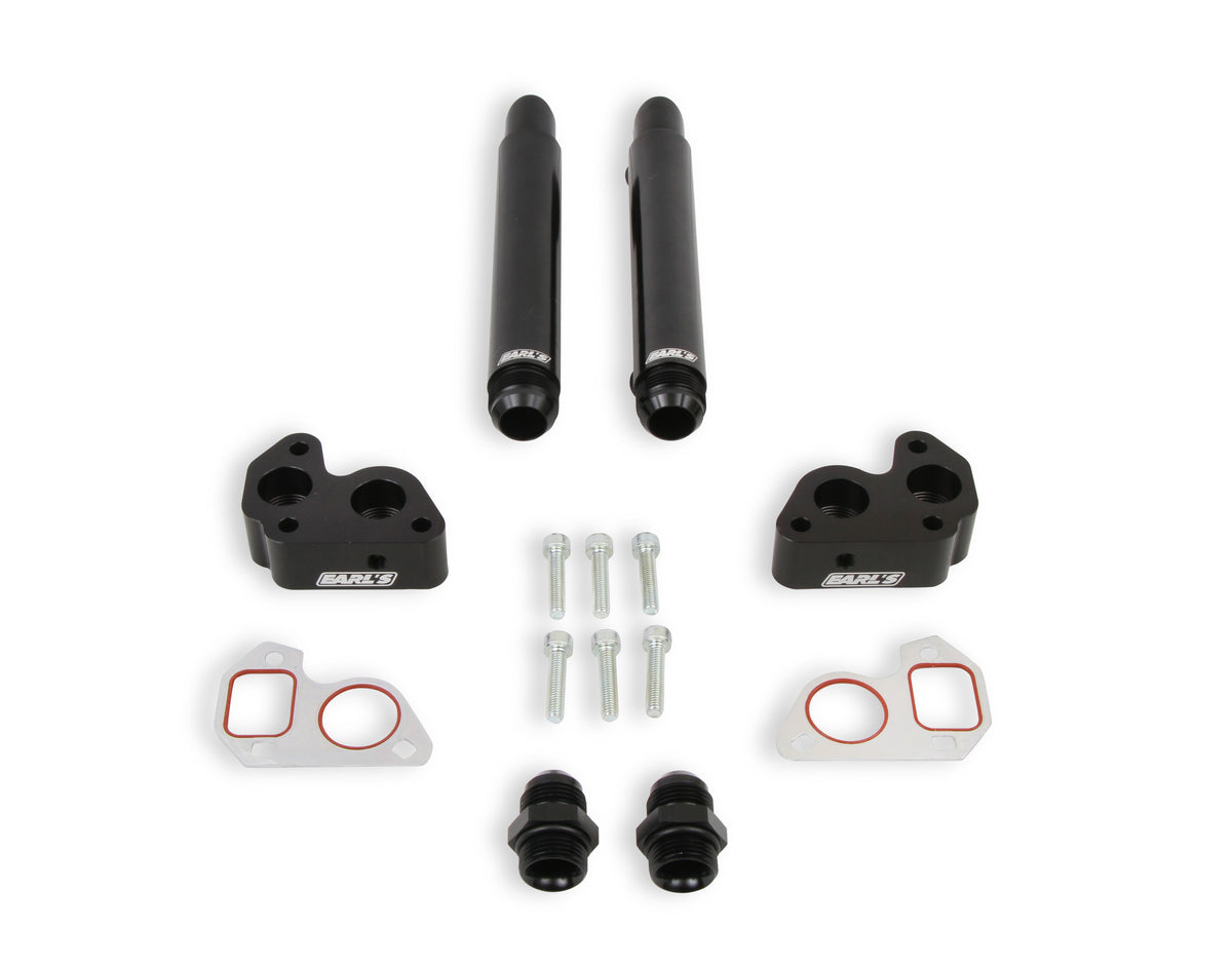 Fits GM LS Series Engines w/ Remote Electric Water Pump, -16 AN Male Inlet & Outlet, Billet Aluminim w/ Black Anodized Finish