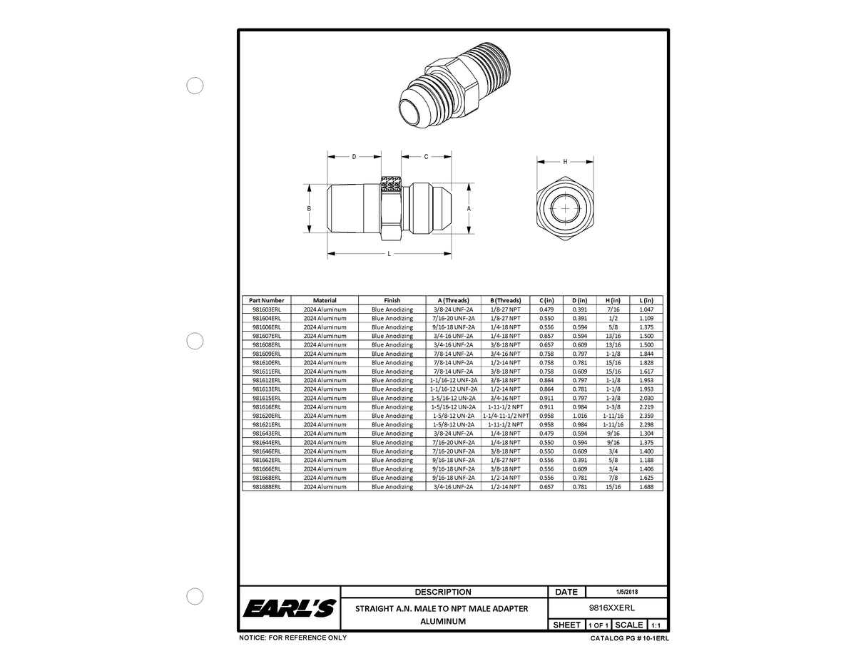 Straight AN -8 Male to 1/4" NPT Male Adapter - Blue.