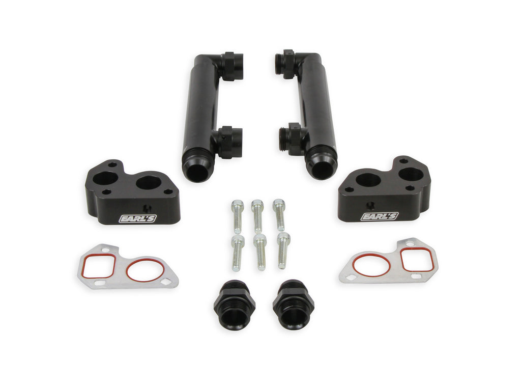 Fits GM LS Series Engines w/ Remote Electric Water Pump, -16 AN Male Inlet & Outlet, Billet Aluminim w/ Black Anodized Finish