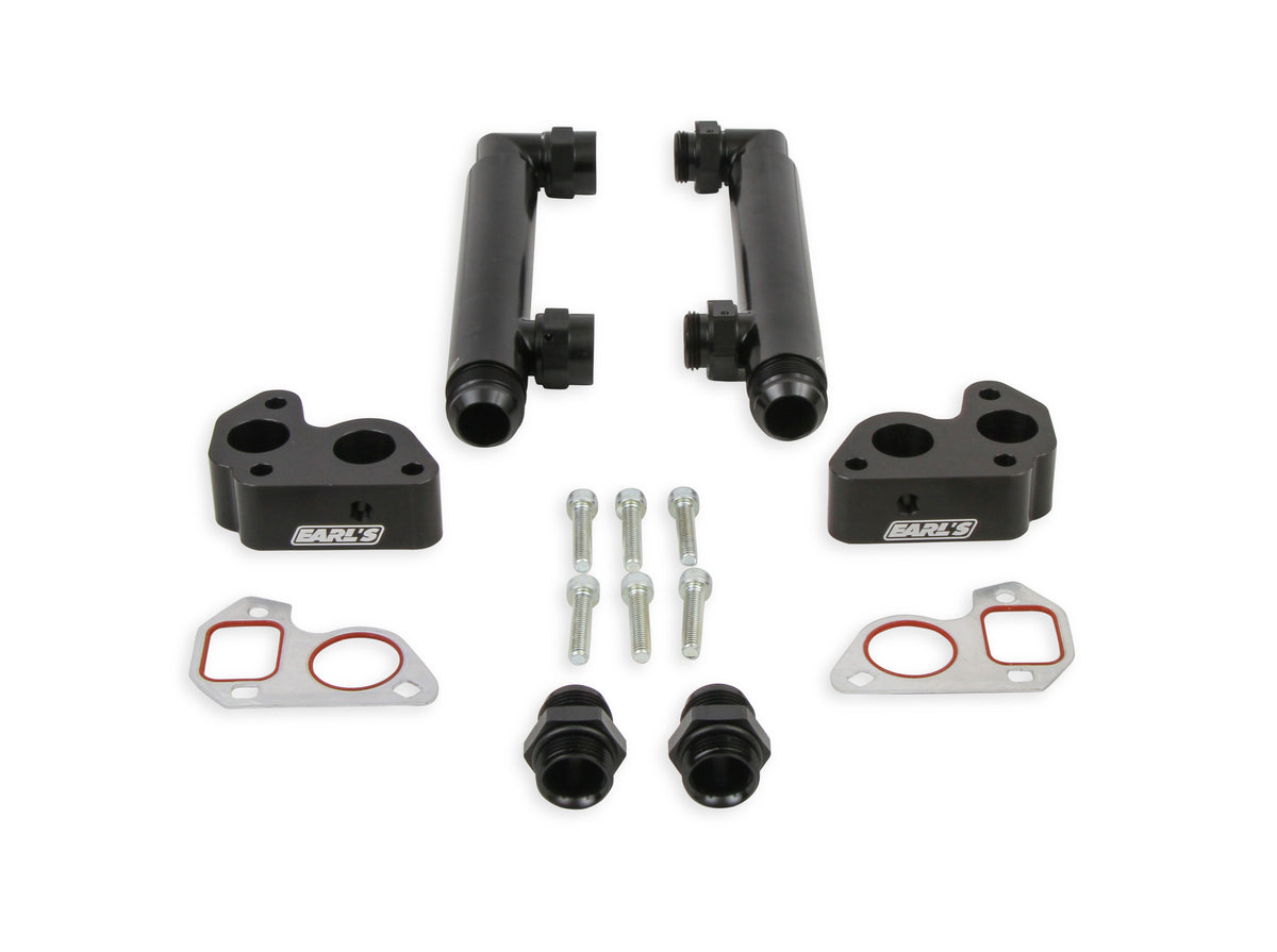 Fits GM LS Series Engines w/ Remote Electric Water Pump, -16 AN Male Inlet & Outlet, Billet Aluminim w/ Black Anodized Finish